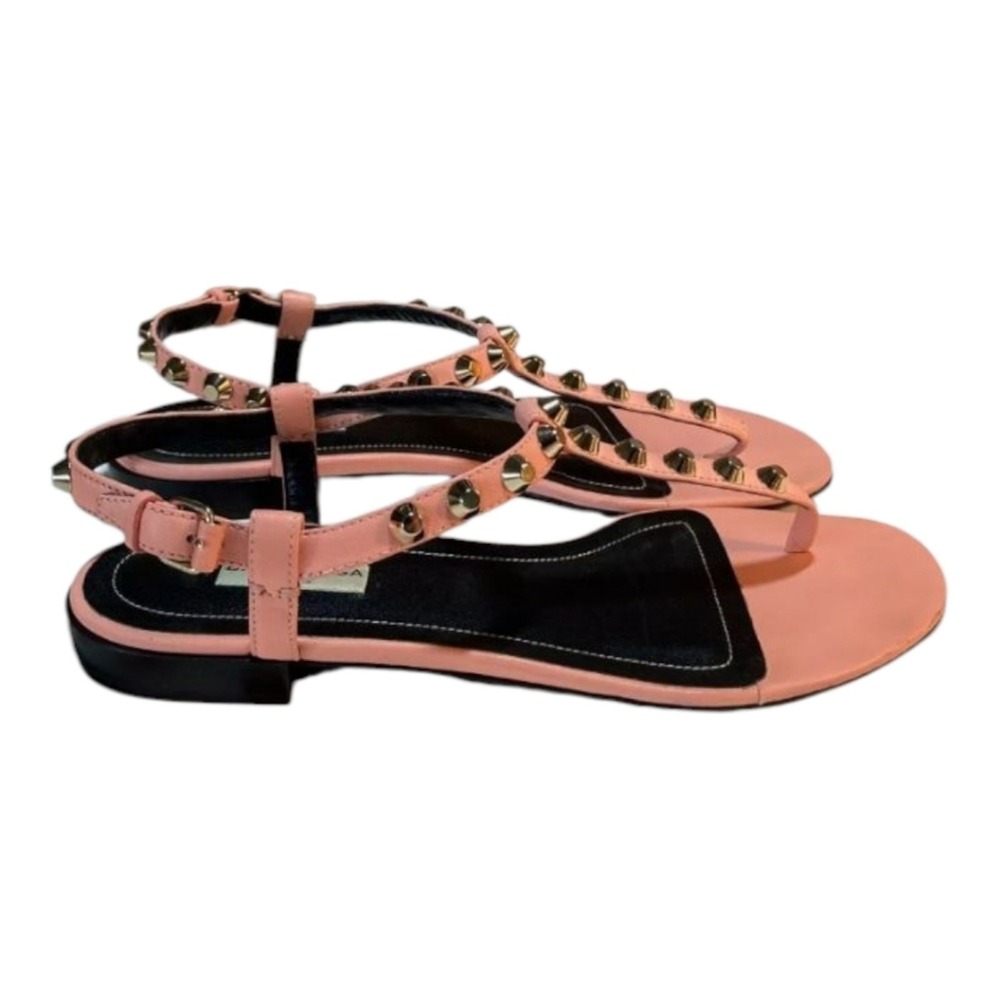BALENCIAGA PINK leather thong SANDALS 37.5 7 flat slide ROCKSTUD ANKLe star STud - Picture 8 of 16